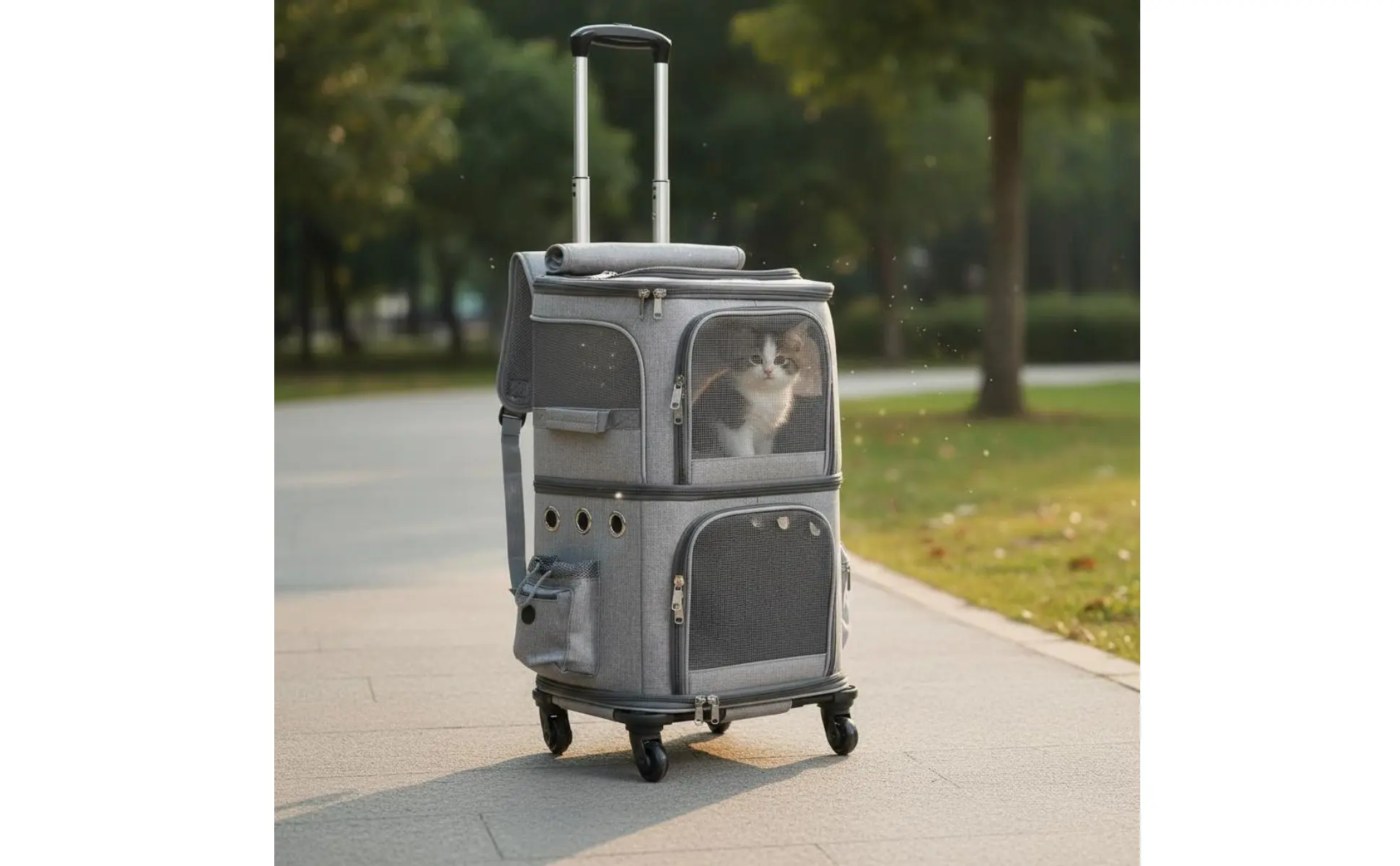 Double-Deck Pet Carrier Breathable Pet Trolley Bag Feline Travel Carrier Telescopic Handle Dog Travel Bag Portable for Vet Visit