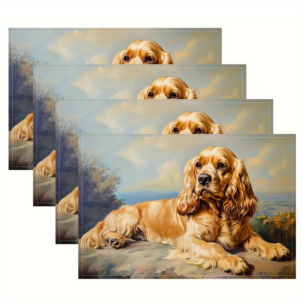 4pcs, Linen Placemat Set Of 4 Cute Cocker Spaniel Dog Portrait Design Table Mat For Pet Lovers Home Decor