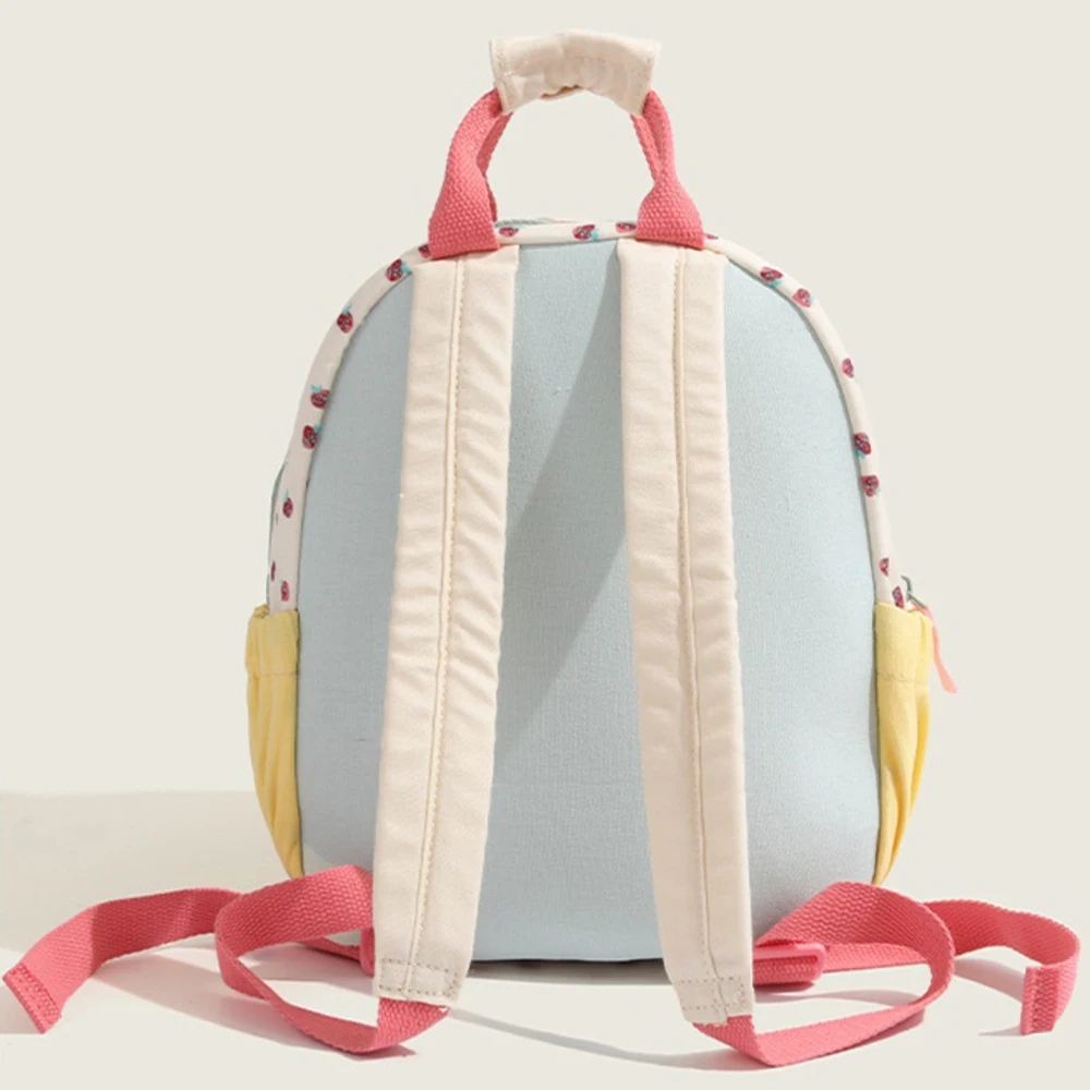 New Canvas Strawberry Print Girls Backpack Dopamine Patchwork Color Block Commuter Shoulder Bag