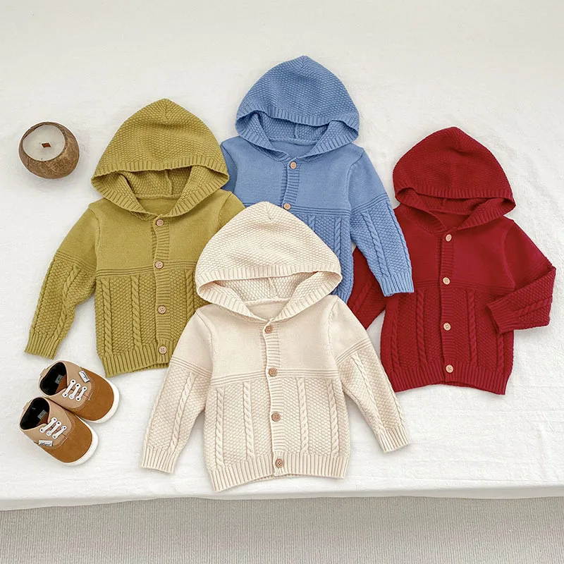 

Autumn Winter Kids Hooded Knitted Cardigan Long Sleeve Sweater Coat Soft Warm Outfits for Baby Boys and Girls Toddler Clothing
