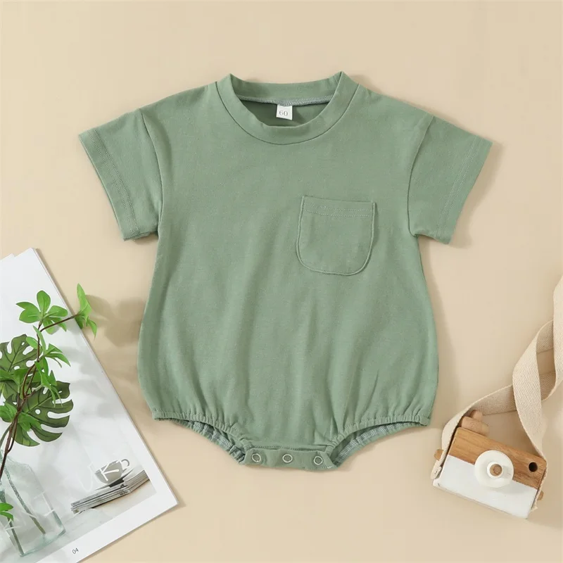 

Baby Boys Summer Casual Romper Solid Color Short Sleeve O Neck Playsuit with One Pocket