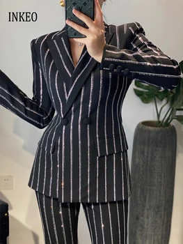 Lüks çizgili kadınlar için 2 parça set taklidi kruvaze blazer ve Flare pantolon 2024 sonbahar kış ofis bayan takım 4o