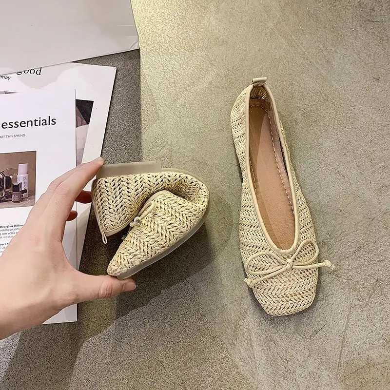 Buty dla kobiet 2024 Square Toe Ladies Summer Footwear Flats Low Heel Elegant Flat with Bow Casual 39 Shoe Vacation Korean Style