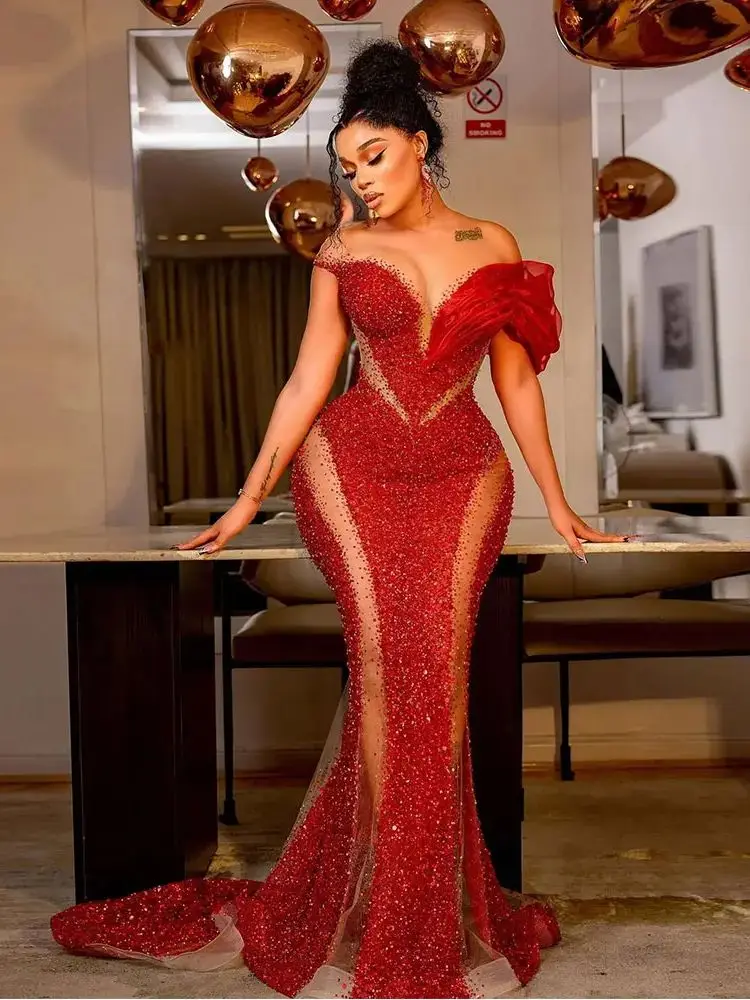 Red Sparkly Sequin African Mermaid Evening Dresses Beaded Sexy Off Shoulder Aso ebi Formal Dress Illusion Women Prom Party Gowns