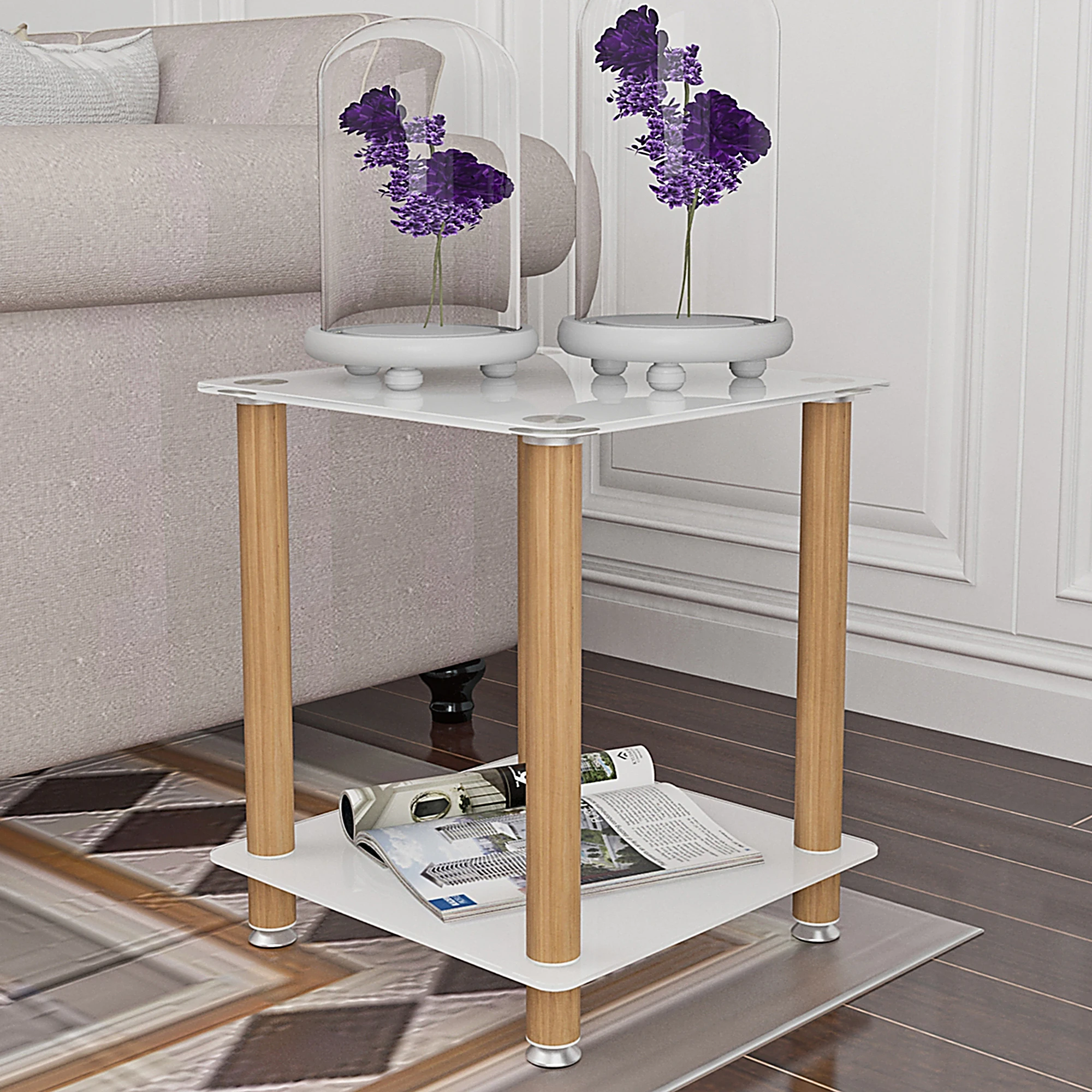 

1-Piece White+Oak Side Table , 2-Tier Space End Table ,Modern Night Stand, Sofa table, Side Table with Storage Shelve