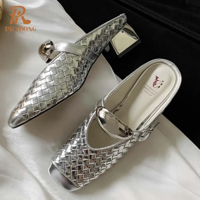 PRXDONG Women Shoes New Brand Summer Quality Med Heels Open Toe Gold Silver Dress Party Casual Lady Sandals Slippers Size 34-40