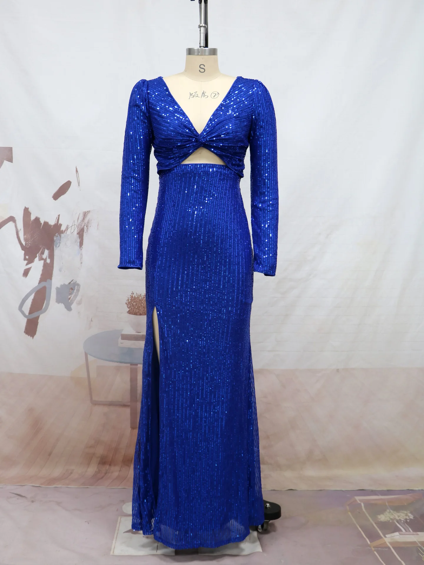 Deep V Neck Sequin Formal Evening Maxi Dress Long Sleeve Sexy Cut Out Front Split Blue Waist Ruched Gown Dress Prom Ball Party