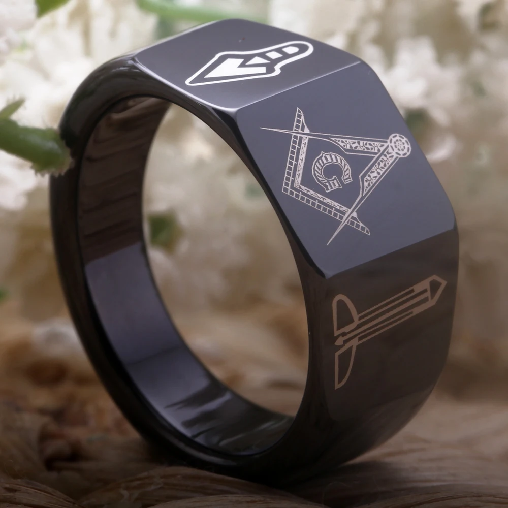 12mm Classic Style Masonic Tungsten Carbide Rings Vacuum Plating Black Rings Laser Freemasonry Sign Tungsten Ring