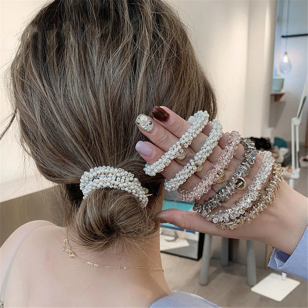 1pc Women Crystal Pearls Hair Ties Handmade Elastic Beaded Ponytail Holders Hair Rope  Hair Accessories For Girl