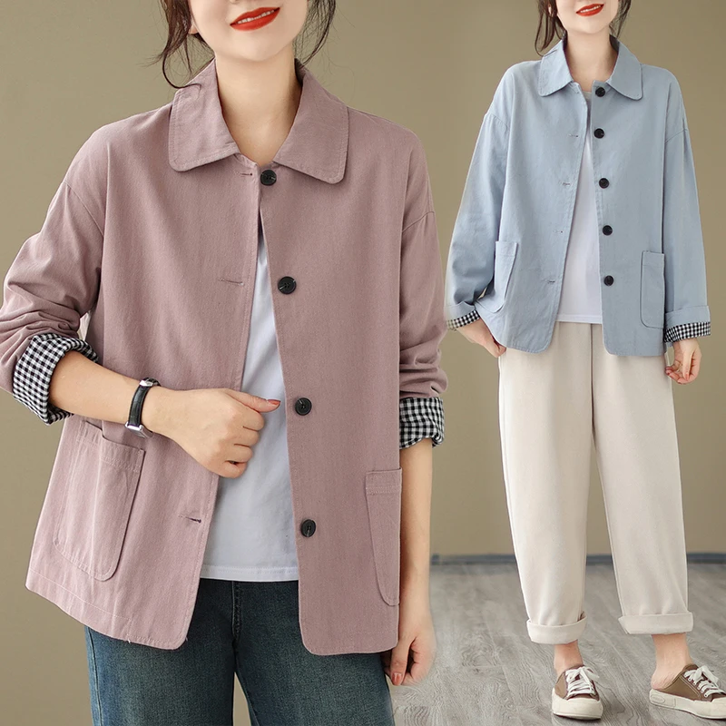 

High-End Large Size Women's Loose Long Sve Ne Jaet Spring Autumn New Sle Commute Sle Stand Fit Printed ket