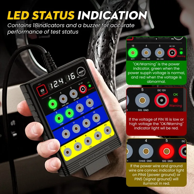 

Super OBD2 Breakout Box 16Pin Automotive Diagnostic Tool With Voltage Display,ECU Programming Support