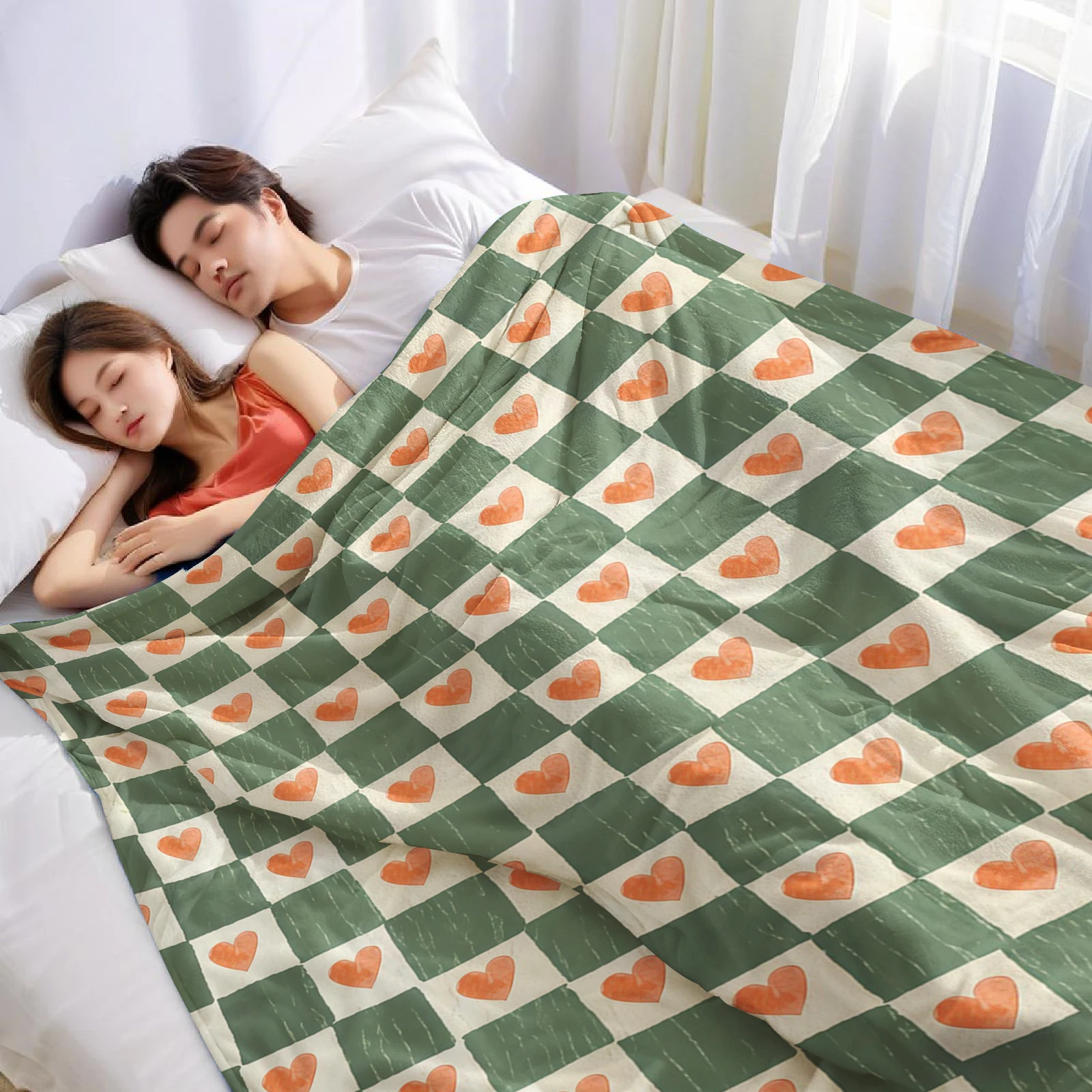 Green Gingham Red Heart Lightweight Microfiber Soft Christmas Fleece Blanket Warm Cozy Throw for Sofa Office Travel All Season