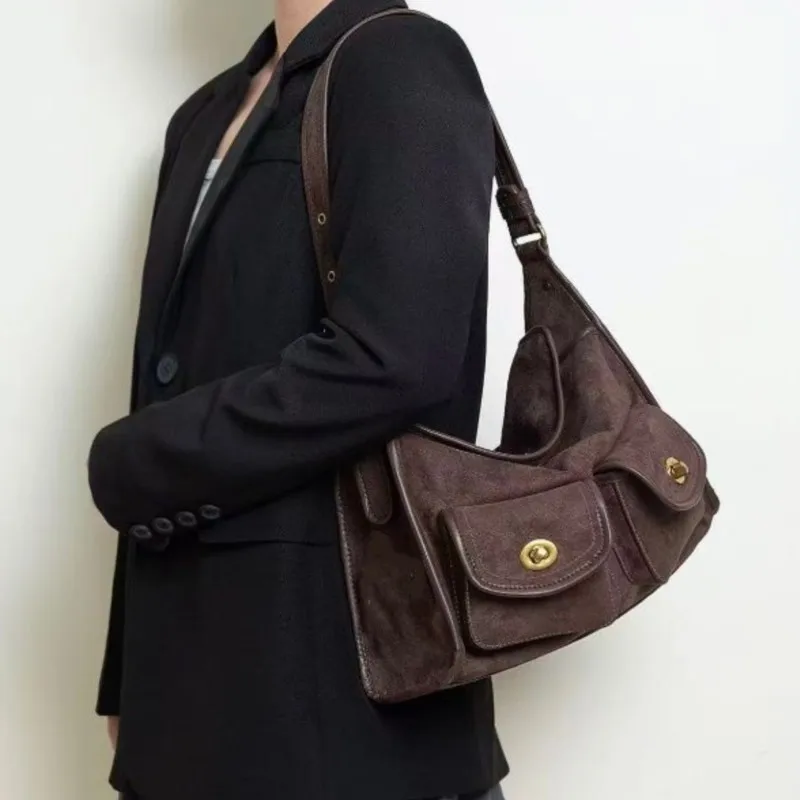 

JIAERDI Retro Gilded Lock Tote Bag Women Multi Pocket Large Capacity Shoulder Pillow Bag Ladies Casual Commute Crossbody Bag New