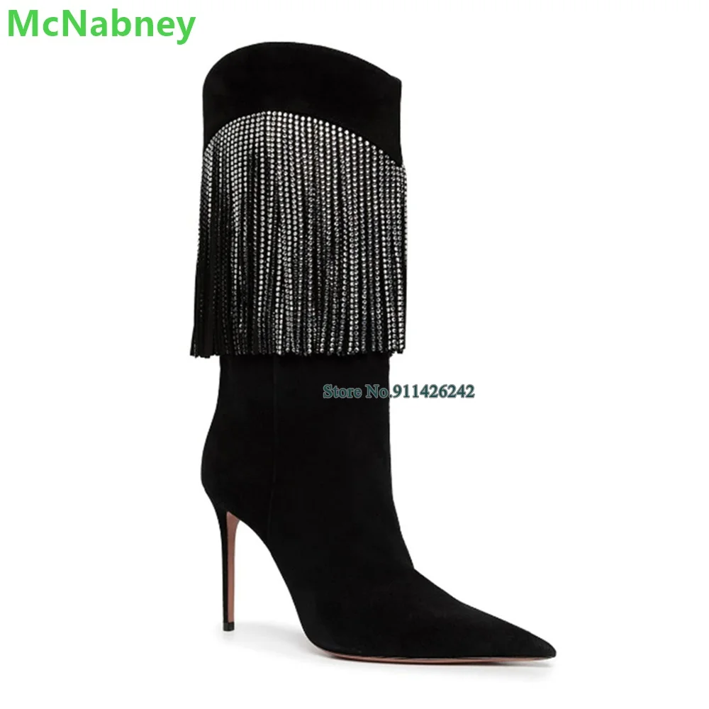 2024 New Black Suede Crystal Tassels Boots For Women Pointed Toe Thin High Heel Handmade Slip-on Solid Fashion Runway Shoes