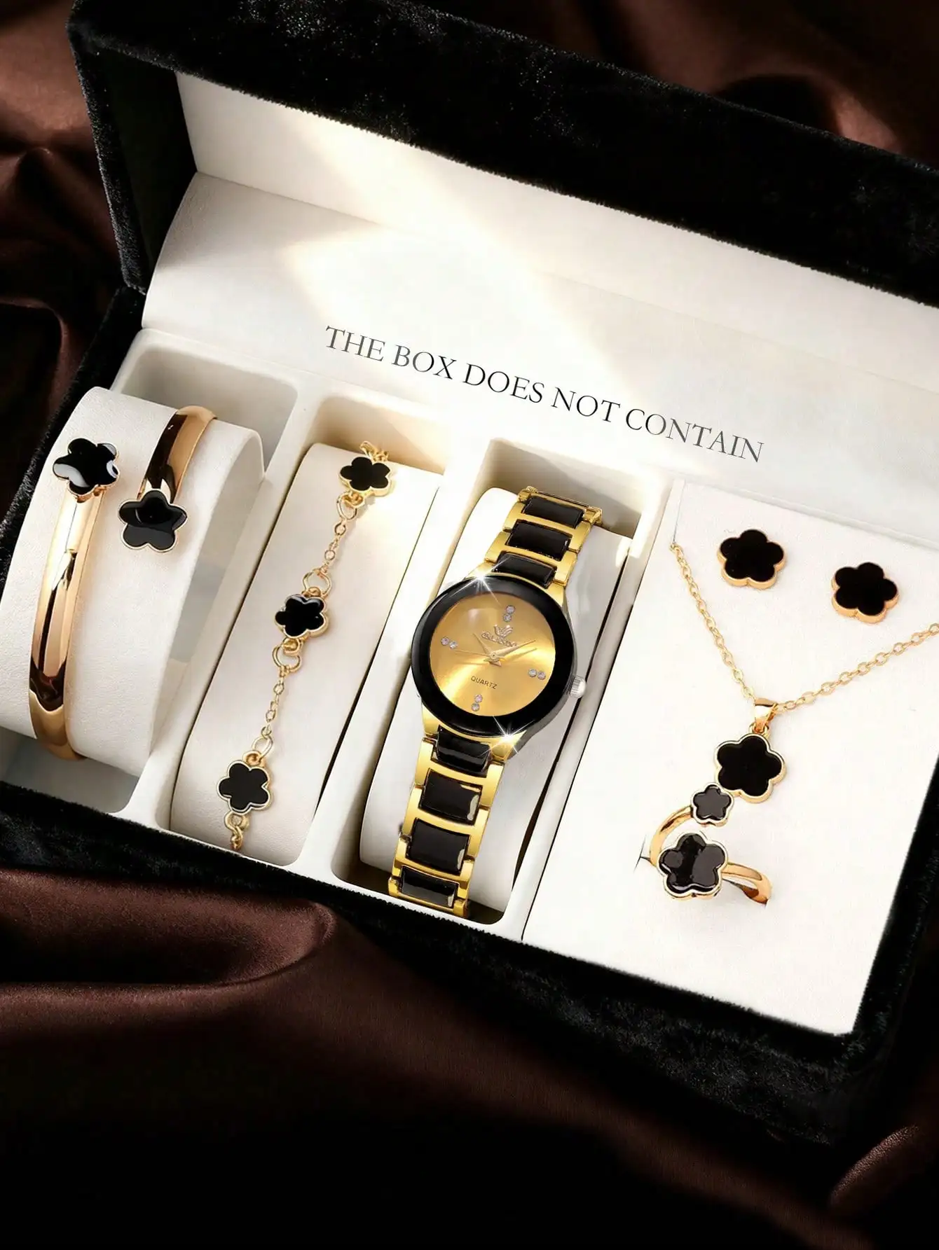 7pcs Set: Black Starry Sky Text Quartz Digit Watch + 6pcs Necklace, Bracelet, Ring, Earring Jewelry Set, Suitable For Holidays