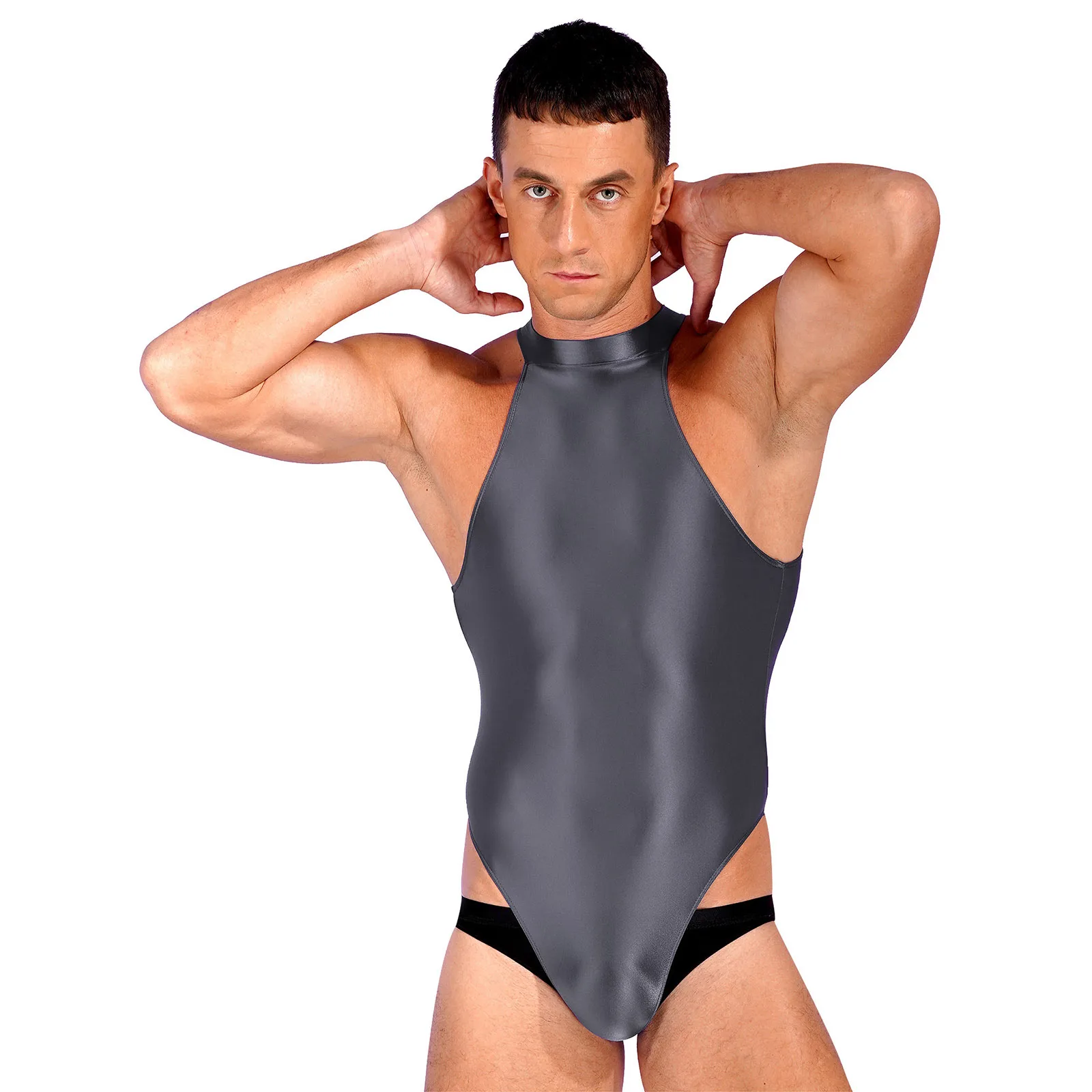 Mens Swimsuit Glossy Mock Neck Back Zipper Bodysuit Swimwear Solid Color Sleeveless Leotard for Gymnastics Training Swimming