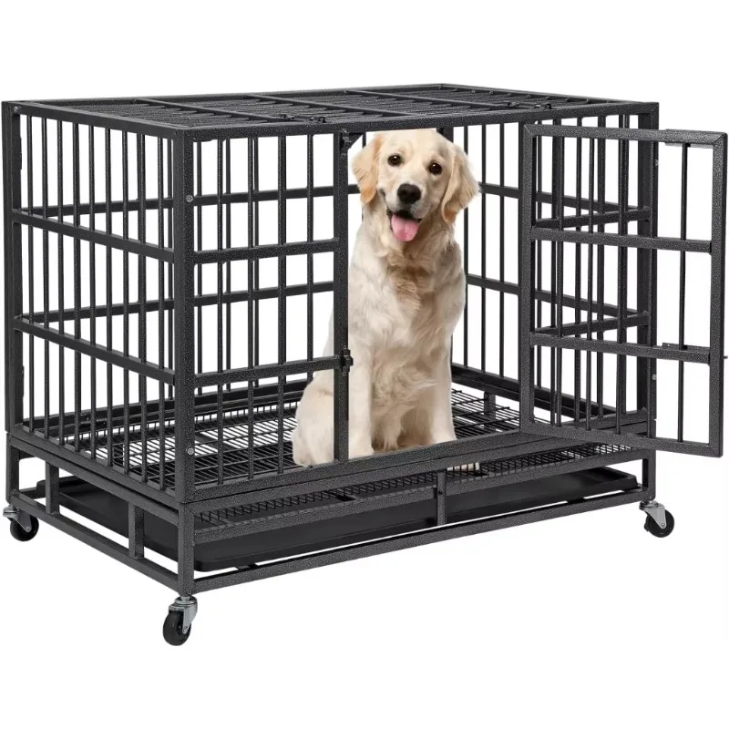 

38 Inch Heavy Duty Indestructible Dog Crate Cage Kennel with Wheels, Double Door and Removable Tray Design