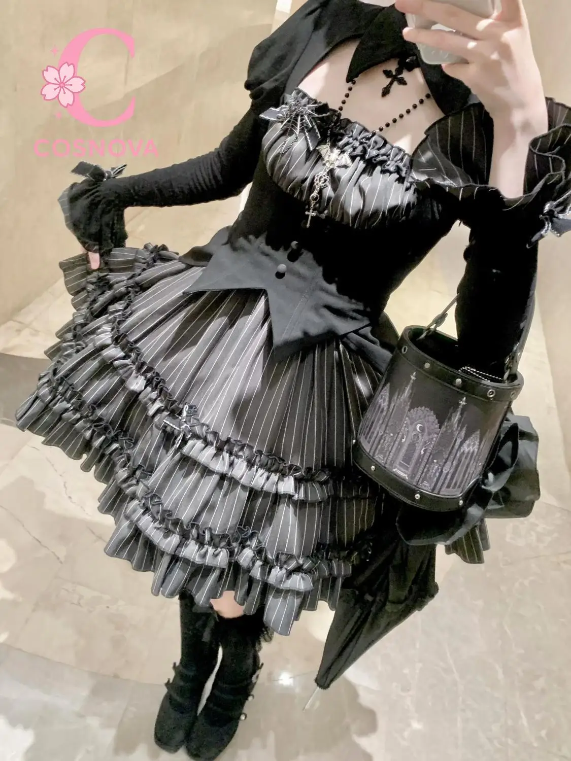 New Dark Gothic Lolita Halloween 2 Piece Set Fake Layered Bell Sleeve Top and Striped Mini Skirt Y2k Aesthetic Atmosphere Outfit