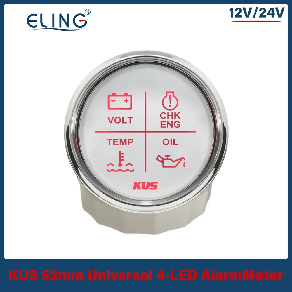 KUS 52mm Alarm Gauge Meter 4 LED Alarm Indicator Gauge Volt Oil Water Temp Check Engine for Car Boat Red Light 12V 24V