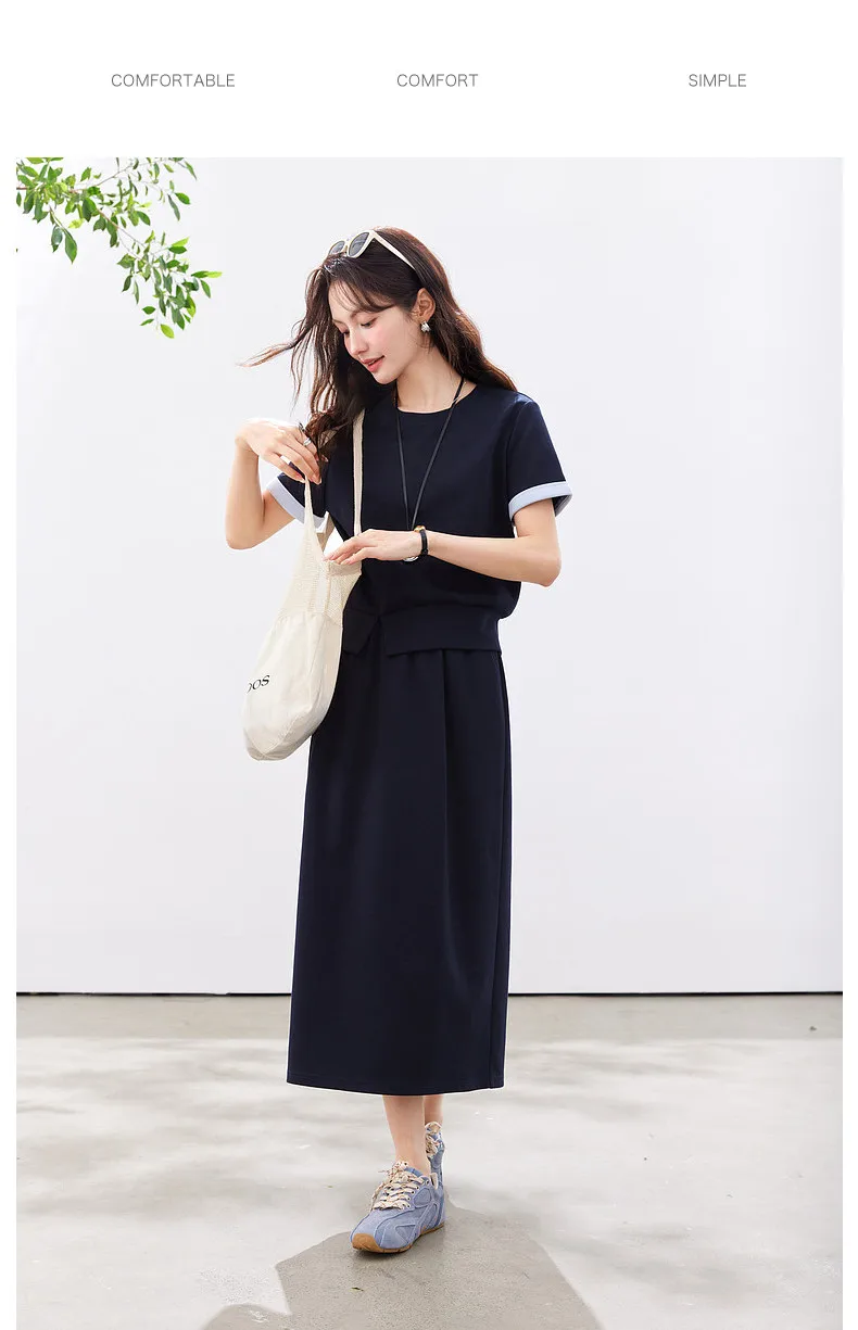 VIMLY Navy Casual Office Women's Suit 2026 Summer Contrast Folded Cuff Short Sleeve Tee Elastic Waist Straight Skirt Sets A6390