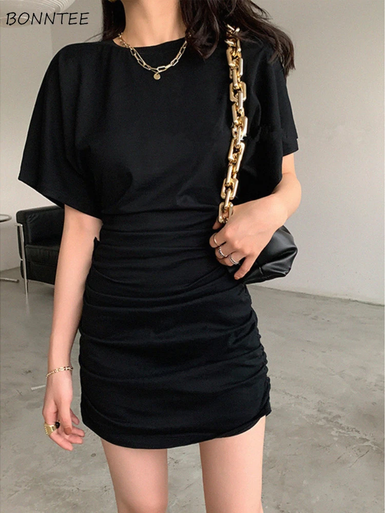 Black Hip-covering Dresses Women Summer Short Sleeve Folds Design Slim Abdomen Sexy Tight Fashion Hotsweet Girlish Feminine