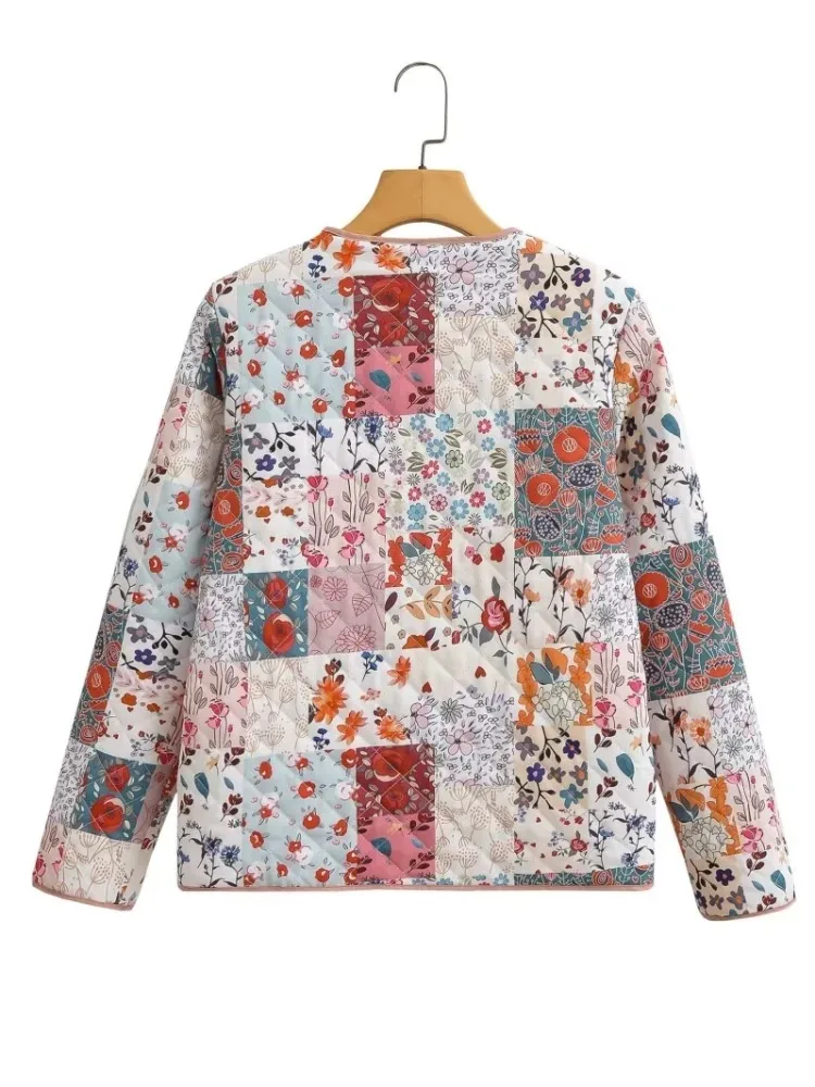 Women Fashion Floral Print Quilted Jacket O Neck Long Sleeve Female Single Breasted Open Front High Street Outcoat