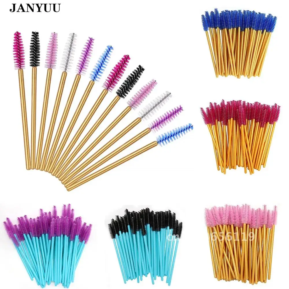 1000 Stuks Mix Kleuren Wimperborstel Top Hoeveelheid Nylon Wegwerp Mascara Wands Wimpers Gouden Handvat Make-Up Kwasten Wimperverlenging