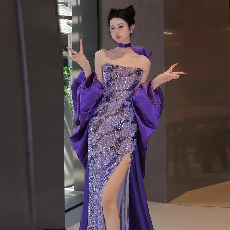 Stunning Purple Evening Dress Mermaid Prom Gowns Shining Sequins Strapless Lace-up Back Side Split Evening Dress