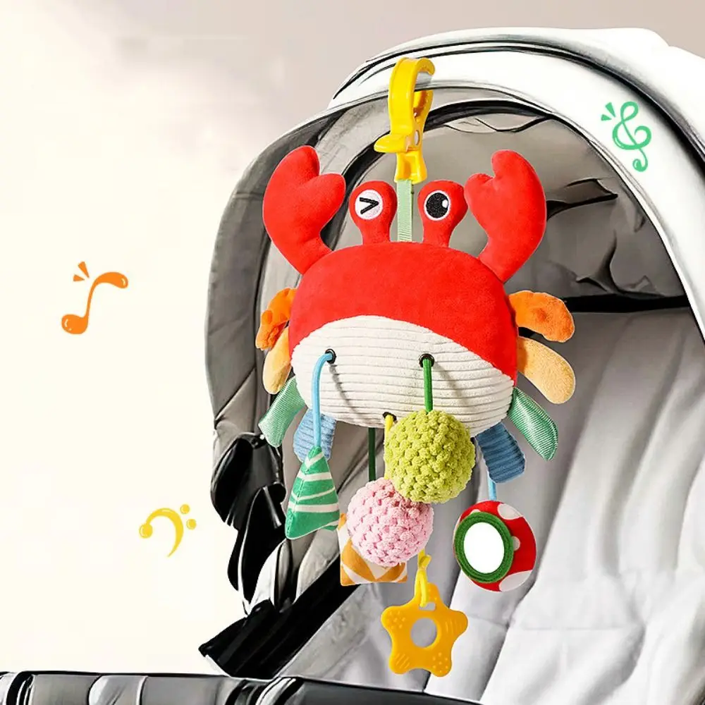 Crab-shaped Baby Pull String Toys with Clamp Distorting Mirror Plush Stuffed Sensory Toy Comfortable To Touch Teether