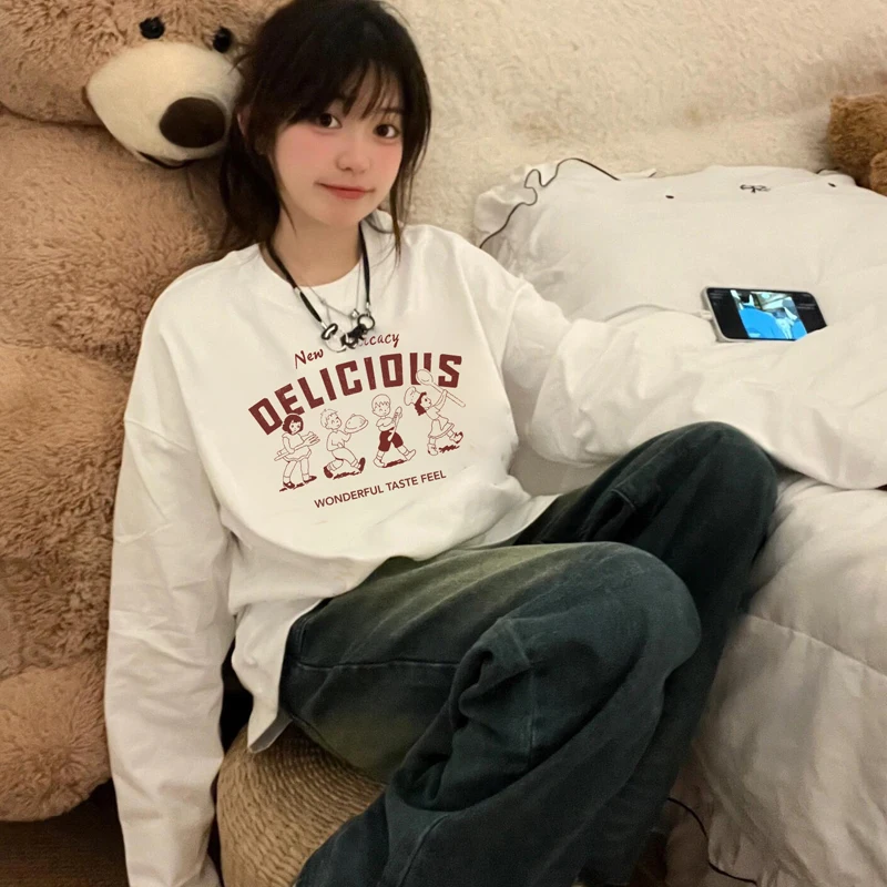 

Retro cartoon printed long-sleeved women T-shirt 2025 autumn Korean white base shirt loose Casual street Oversized women top