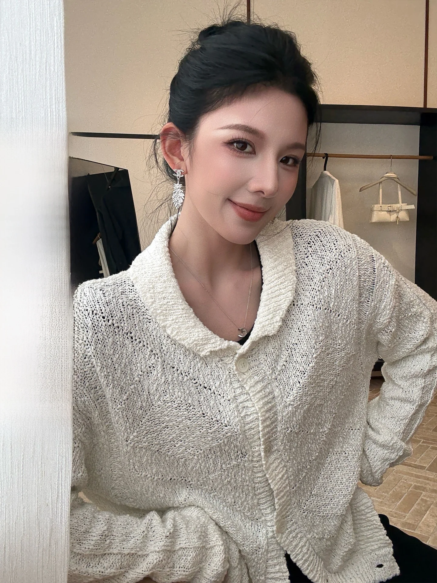 

Ele Knitted Emed Patchwork Open Cardigan Hollow out Collar Sweater Outerwear Pure Color Faionable Winter Ladies