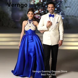 Verngo blau Perlen Spitze Hochzeits feier Kleid für Frauen Halfter ärmellose lange Abendkleider Abendkleid Dubai Ballkleider