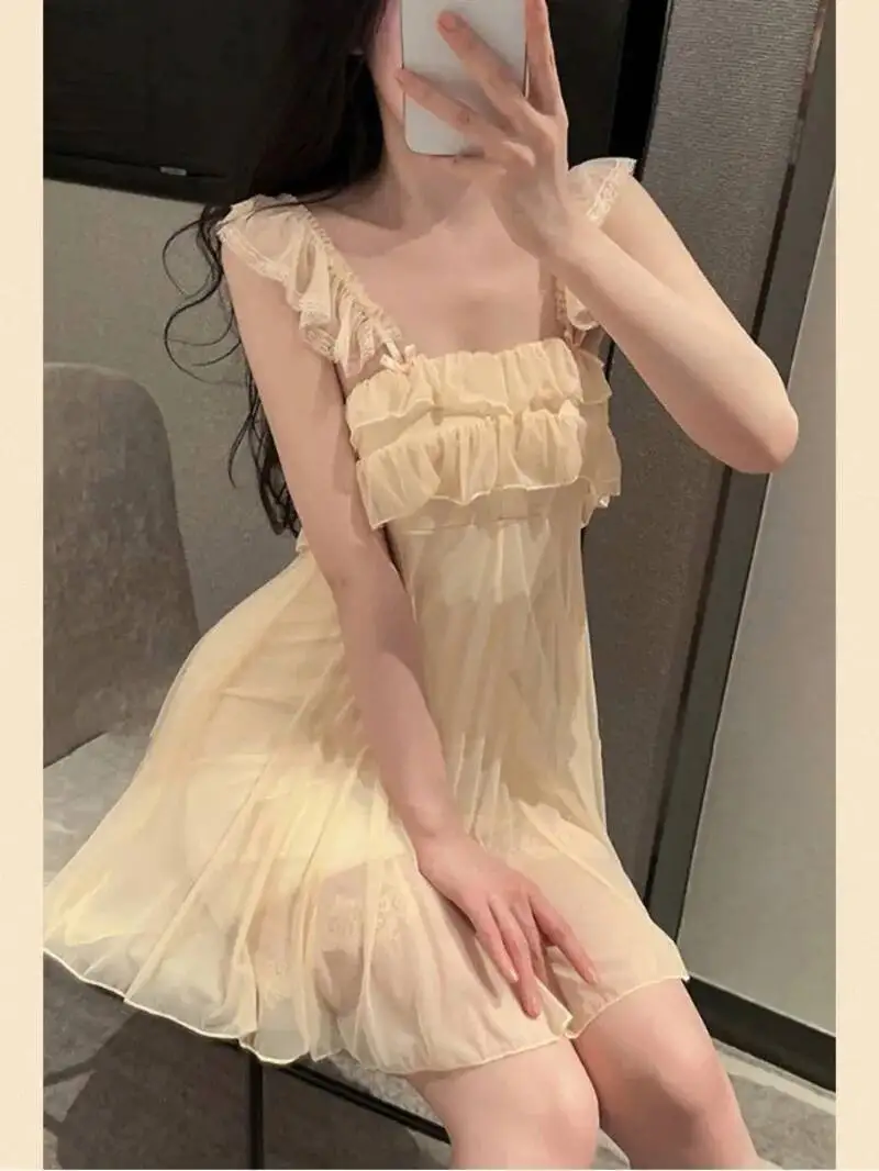 Camisón fino de encaje Sexy coreano para mujer, ropa de casa tentadora de dos piezas, Tops de moda para mujer 7IG0