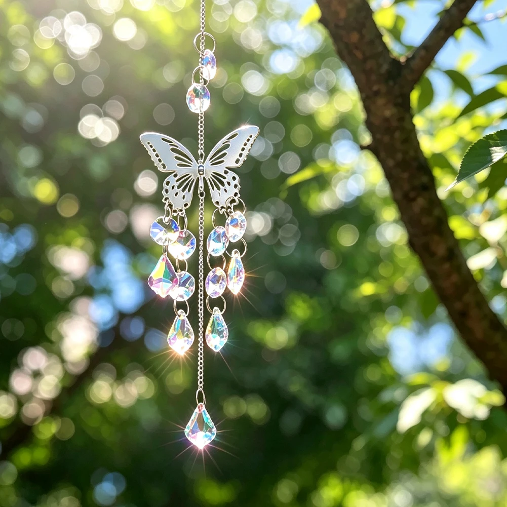 Silver Butterfly Sun Catcher Hanging Pendant Iridescent Crystal Prism Beads Rainbow Maker Window Home Indoor Decor Ornament