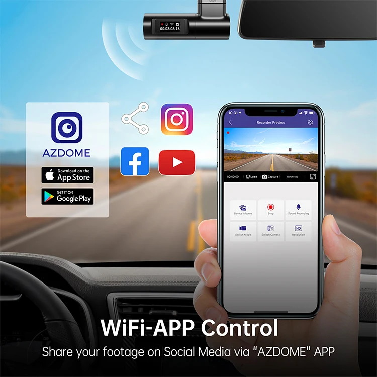 Universal Dashcam AZDOME M330 1296P with Wi-Fi /G-Sensor Voice control Super night vison support Parking Mode DVR max 128G Card