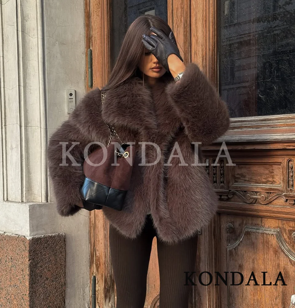 Tmavě hnědý kožich pro ženy, podzim/zima, teplý, ležérní, kabát, klopa, umělá kožešina, volný kabát, 2025, módní, elegantní, dámský kabát - náhled 6