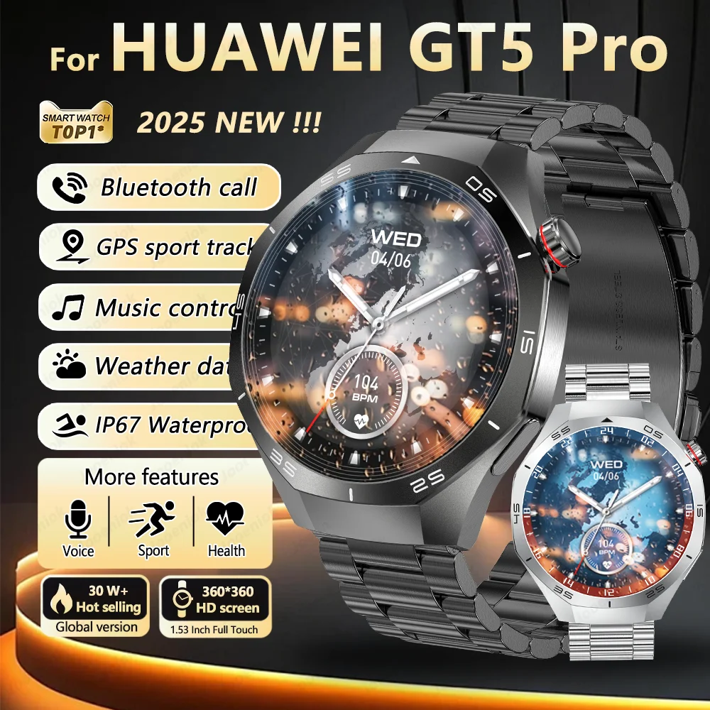 

Новинка 2025 года, умные часы GT5, мониторинг сердечного ритма, сна, GPS, спортивный трек, Bluetooth-вызов, водонепроницаемые умные часы для Android IOS