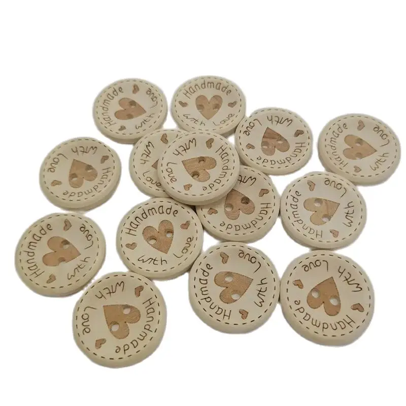 100pcs 15/20/25mm carving handmade with love Wood Buttons Flatback 2 Holes Wooden button Sewing Tools DIY Scrapbook Craft