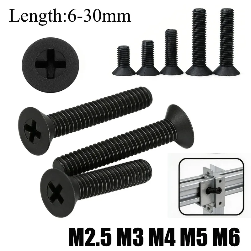 50/100pcs Black Nylon Countersunk Head Screw M2.5 M3 M4 M5 M6 Plastic Phillips Flat Head Screws Bolts 5mm-30mm