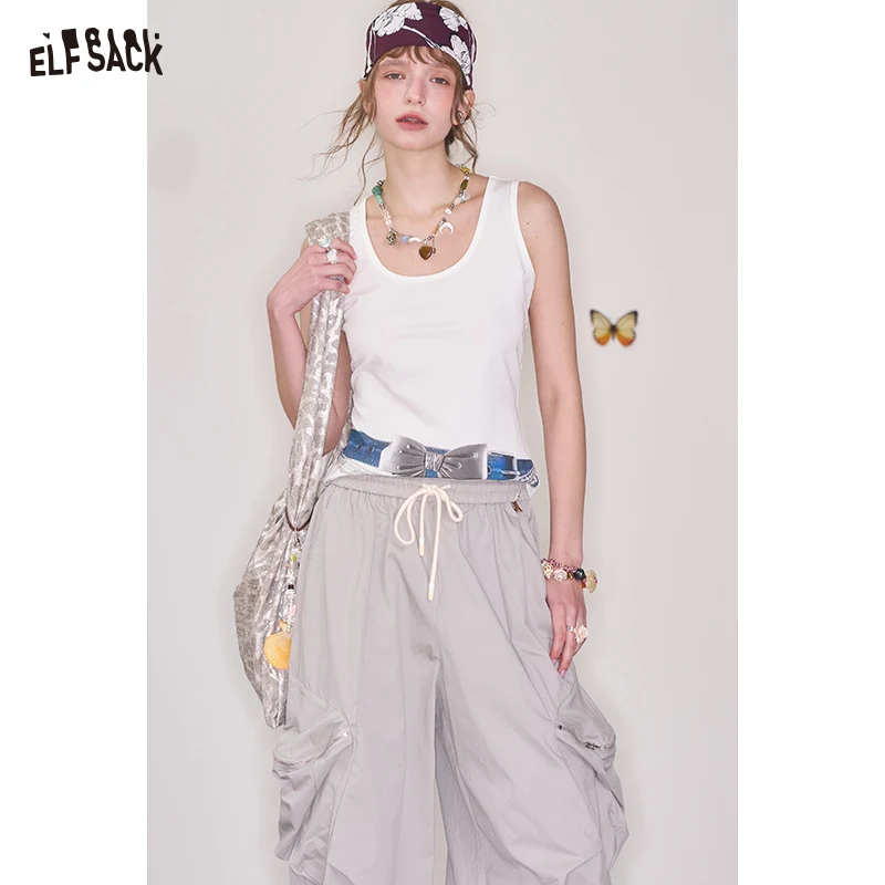 ELFSACK 2025 Spring New Arrivals Y2K Bowknot Print White Sleeveless Camisole Women