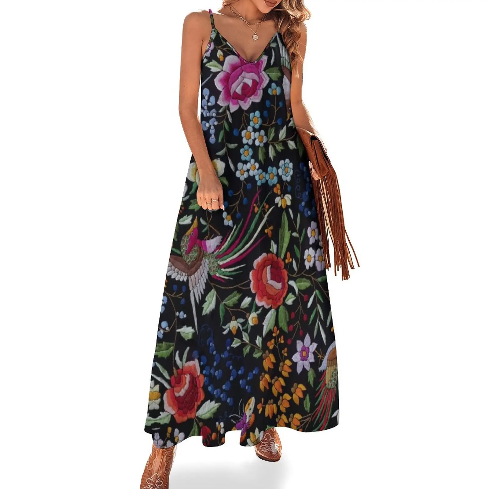 

Spanish flamenco manton shawl motif Sleeveless Dress summer women's suit Dance dresses