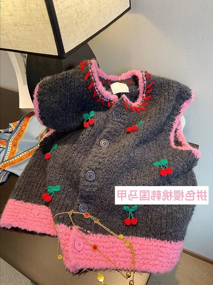 Korean Niche Cherry Fashion Splicing Contrasting Color Knitted Cardigan Jacket for Women to Look Slim Pink Gray Sweater