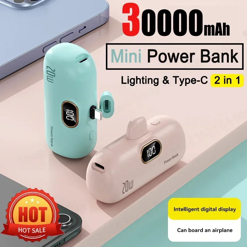 

30000mAh Wireless Power Bank Mini Capsule Capsule Fast Charging Mobile Power Supply Emergency External Battery For Type-c iPhone