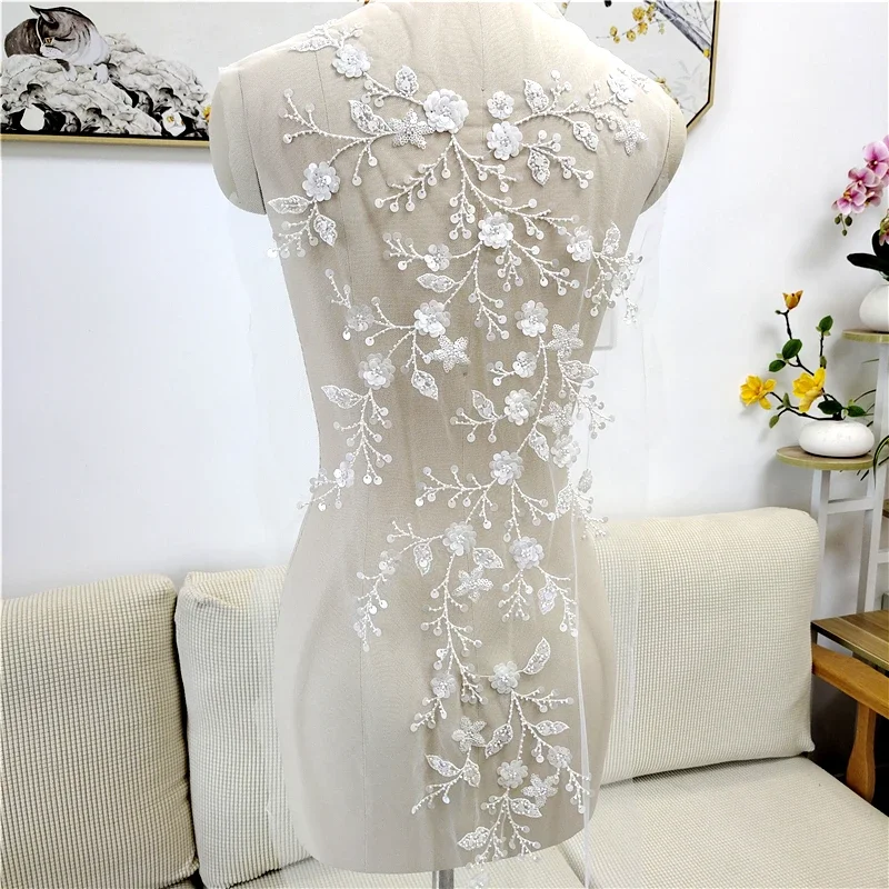 Luxury sequin leaf embroidery lace appliques for wedding dresses Rhinestone lace applique patches Embroidery lace parches ropa