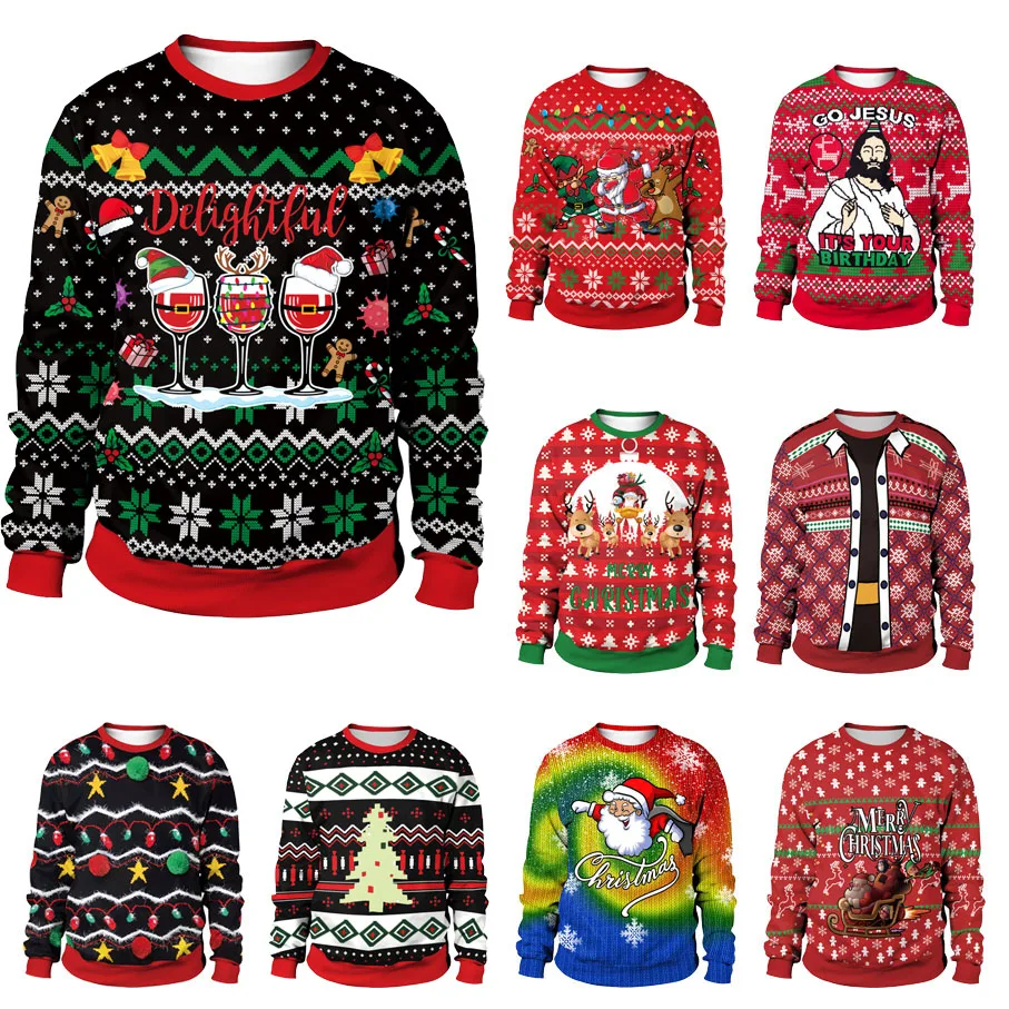 

Couples Christmas Sweater Delightful Letter Print Funny Novelty Wine Glass Hat Reindeer Men Ugly Christmas Sweaters Sweatshirts