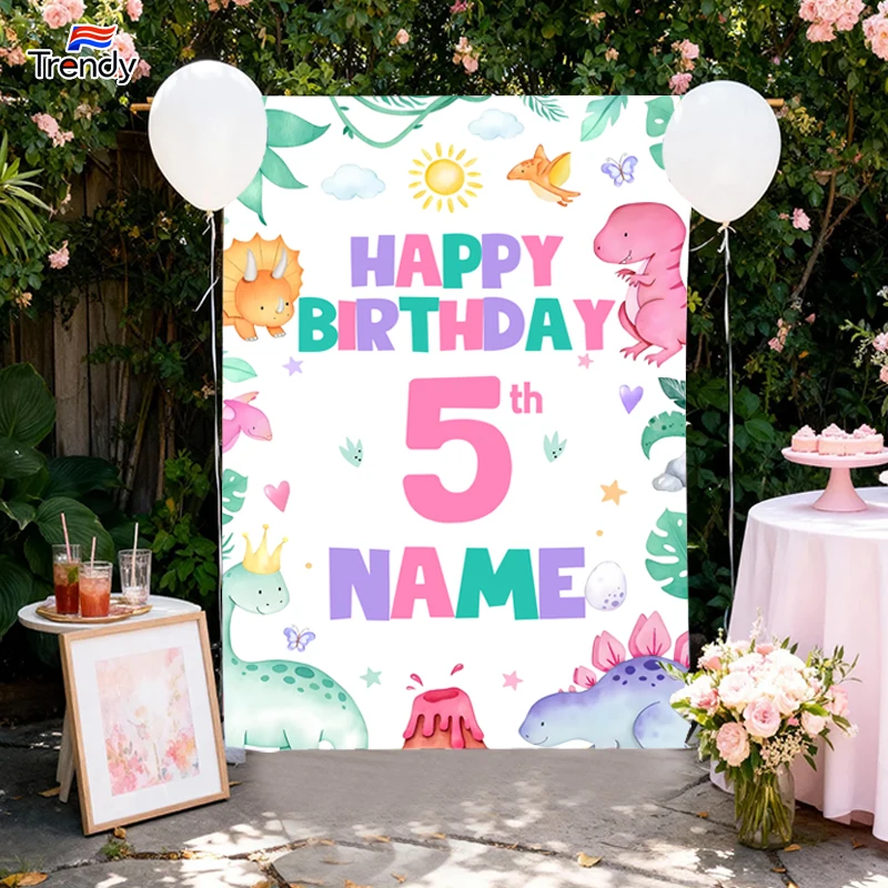 Personalized Pink Dinosaur Birthday Backdrop Custom Name Jungle Dino Photo Background Girls Kids Party Decor Photography Banner