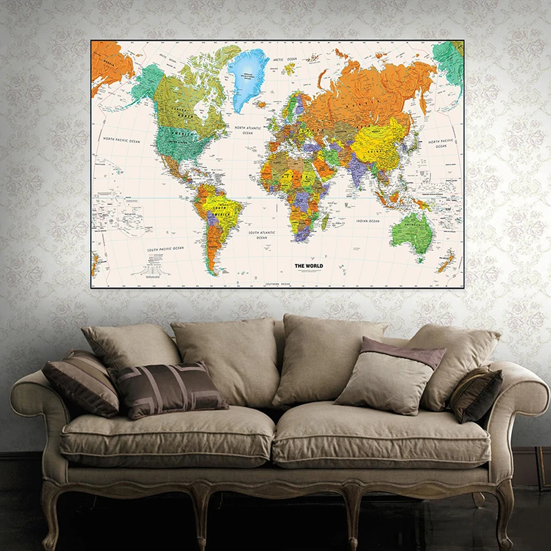 영어로 세계지도 140*100cm 빈티지 부직포 캔버스 회화 벽 아트 포스터 거실 홈 장식 학교 용품