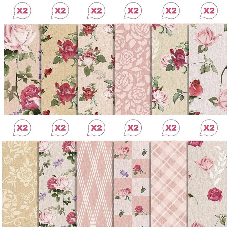 Dupla Face Aquarela Cardstock Floral, Scrapbook Paper, Fazendo Cartões, Cartões DIY, 24 Folhas, Rosa, 12x12 polegadas