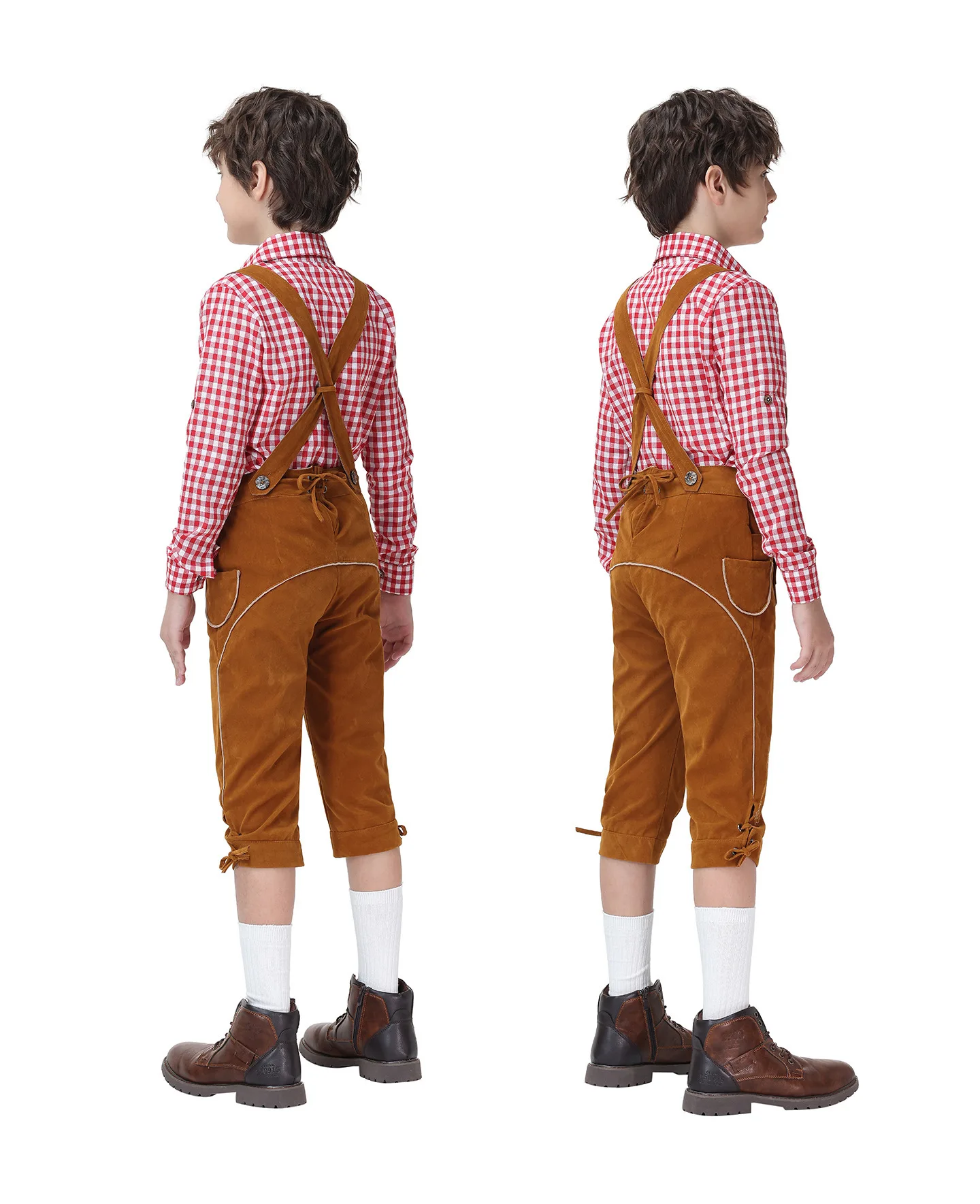 Vintage Bayerisches Lederhosen-Outfit für die Familie, Weißes Karohemd, Bestickte Hosenträgerhose, Oktoberfest-Party-Cosplay-Kostüm – Detail 21