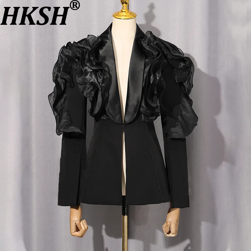 

HKSH весенне-осенний новый женский пиджак с рюшами в стиле пэчворк на талии, облегающий офисный женский элегантный модный стильный пиджак HK15495